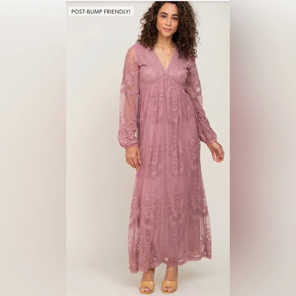 Pinkblush mauve lace long sleeve maxi dress nwot maternity